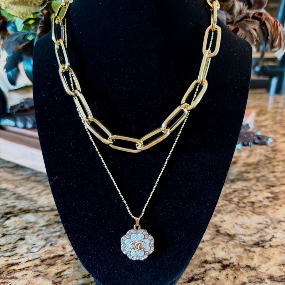 CHANEL Gold and Silver Flower Pendant Necklace